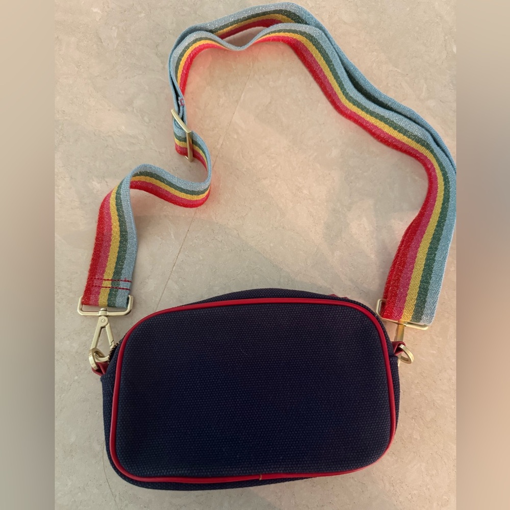 Boden Navy Crossbody Bag with Rainbow Strap